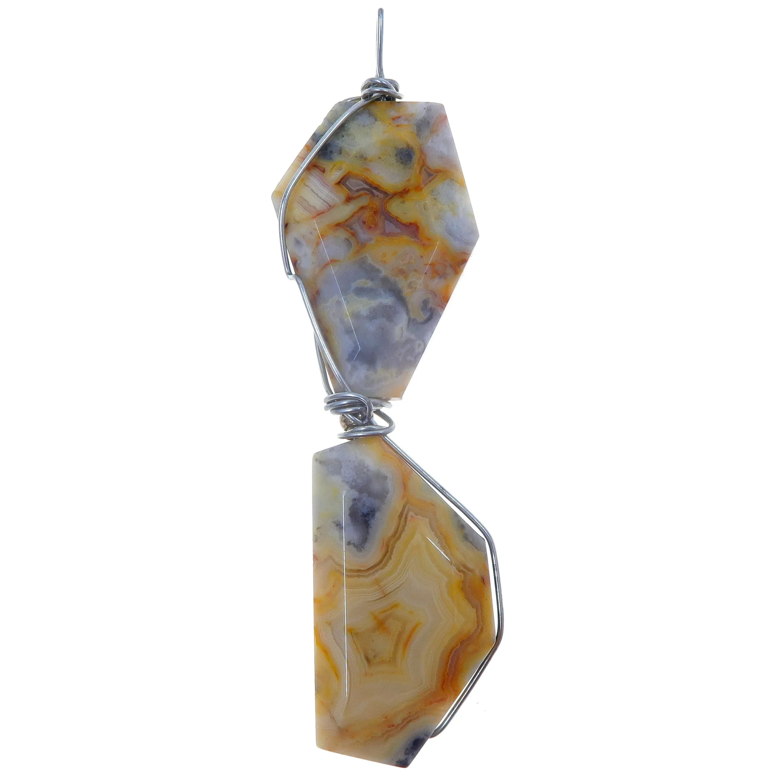 Agate Crazy Lace Pendant Yellow Stone Silver Wire Wrapped Long