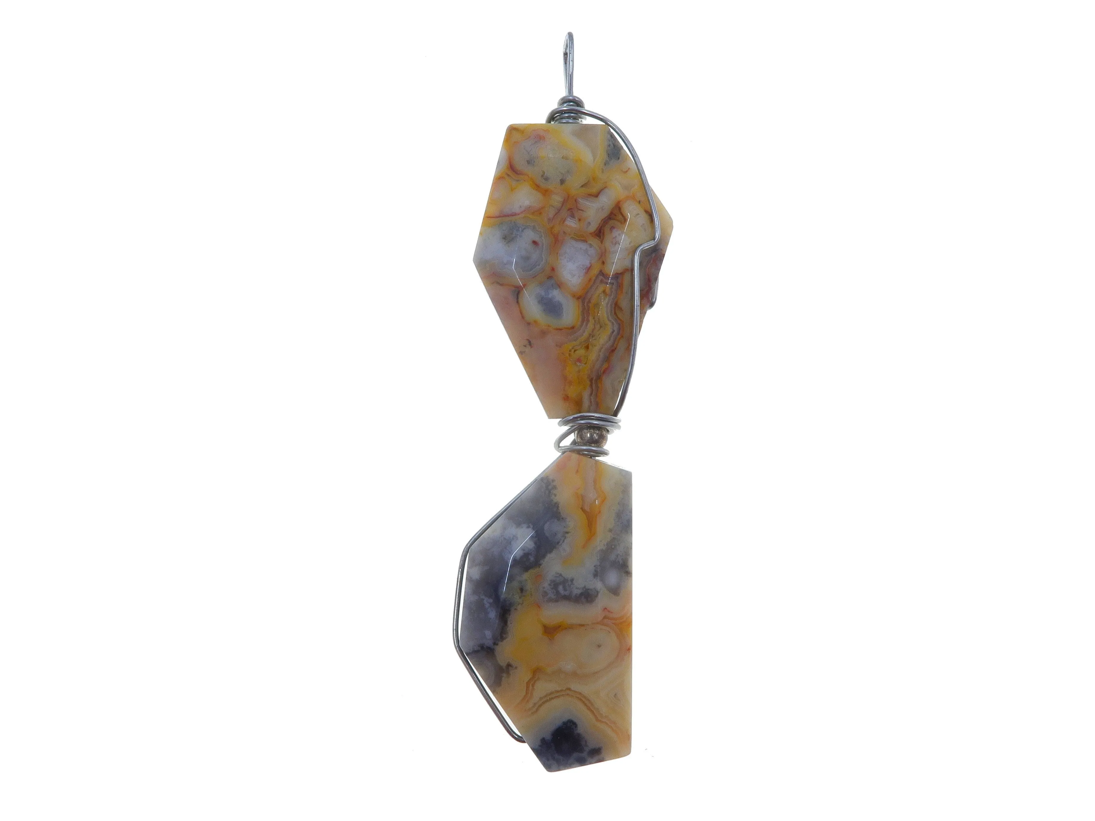 Agate Crazy Lace Pendant Yellow Stone Silver Wire Wrapped Long