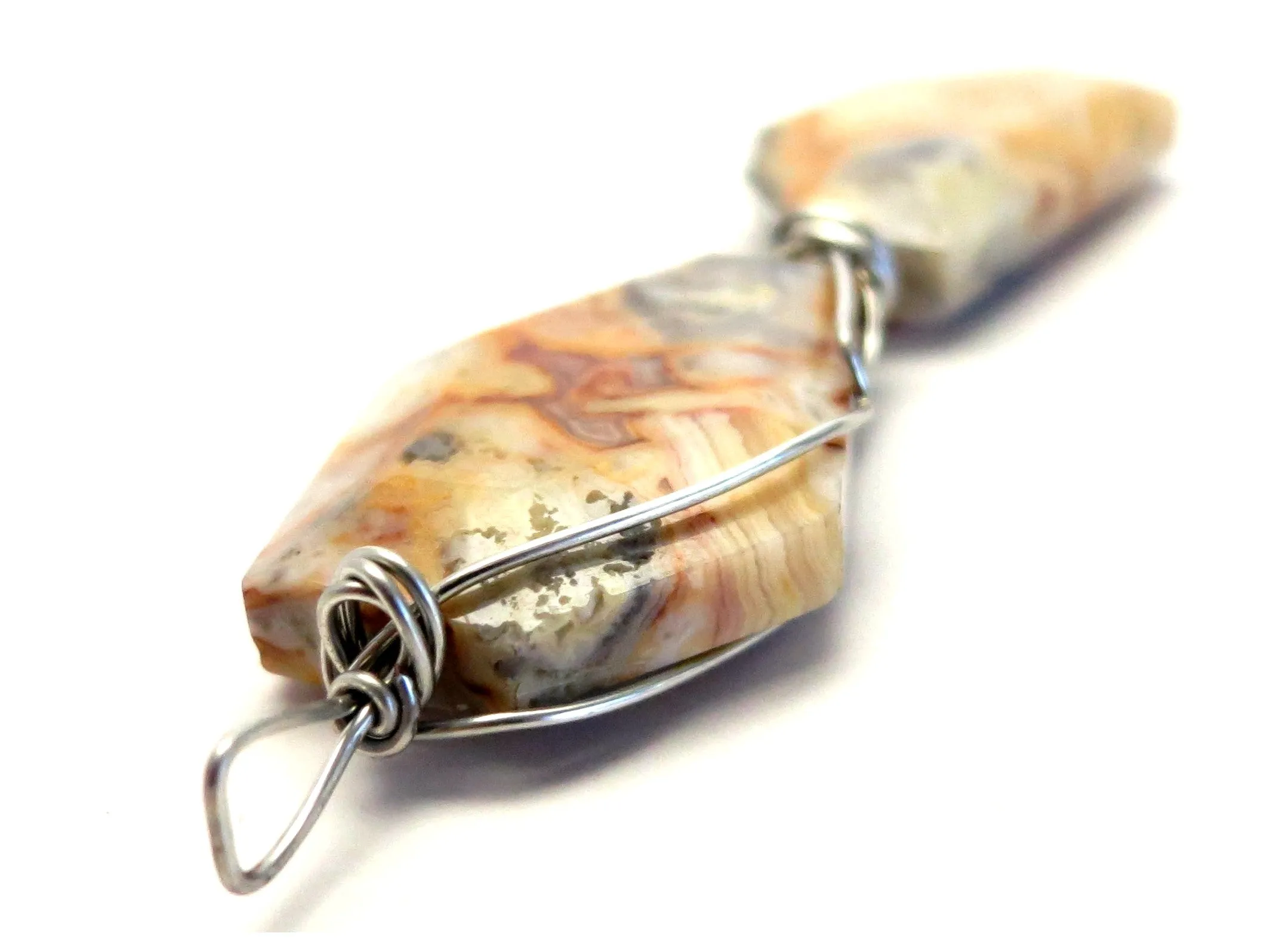Agate Crazy Lace Pendant Yellow Stone Silver Wire Wrapped Long