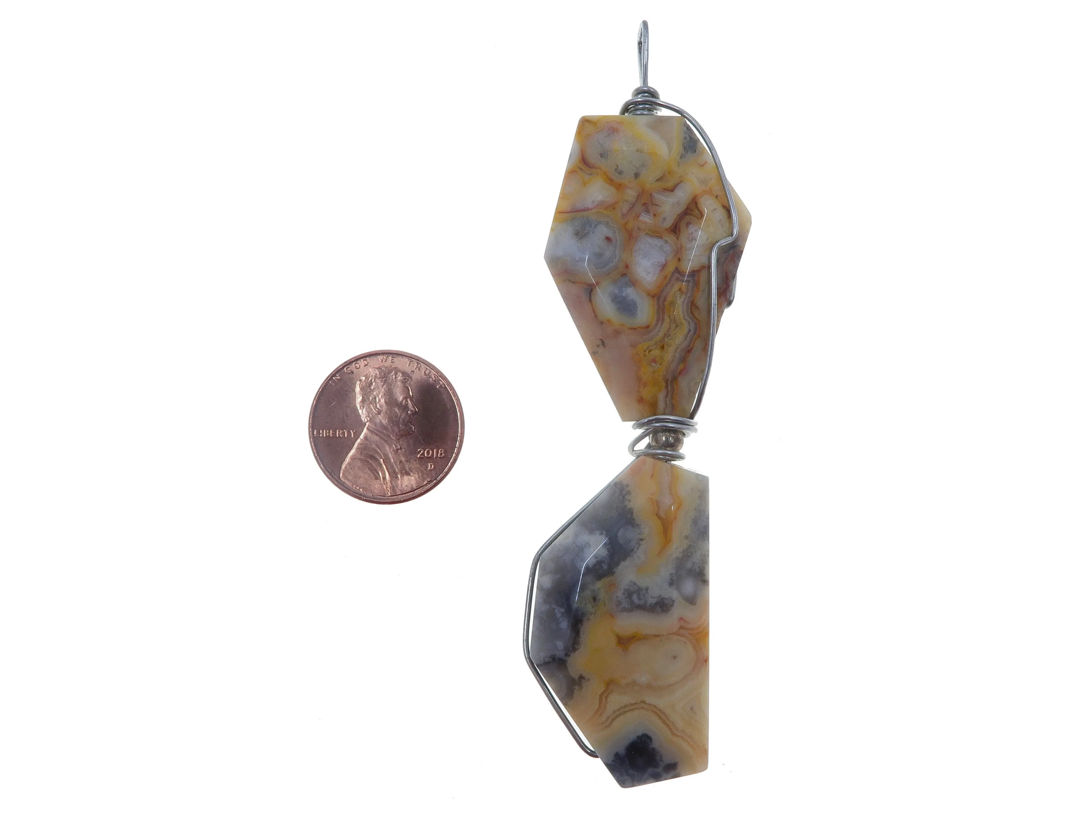 Agate Crazy Lace Pendant Yellow Stone Silver Wire Wrapped Long