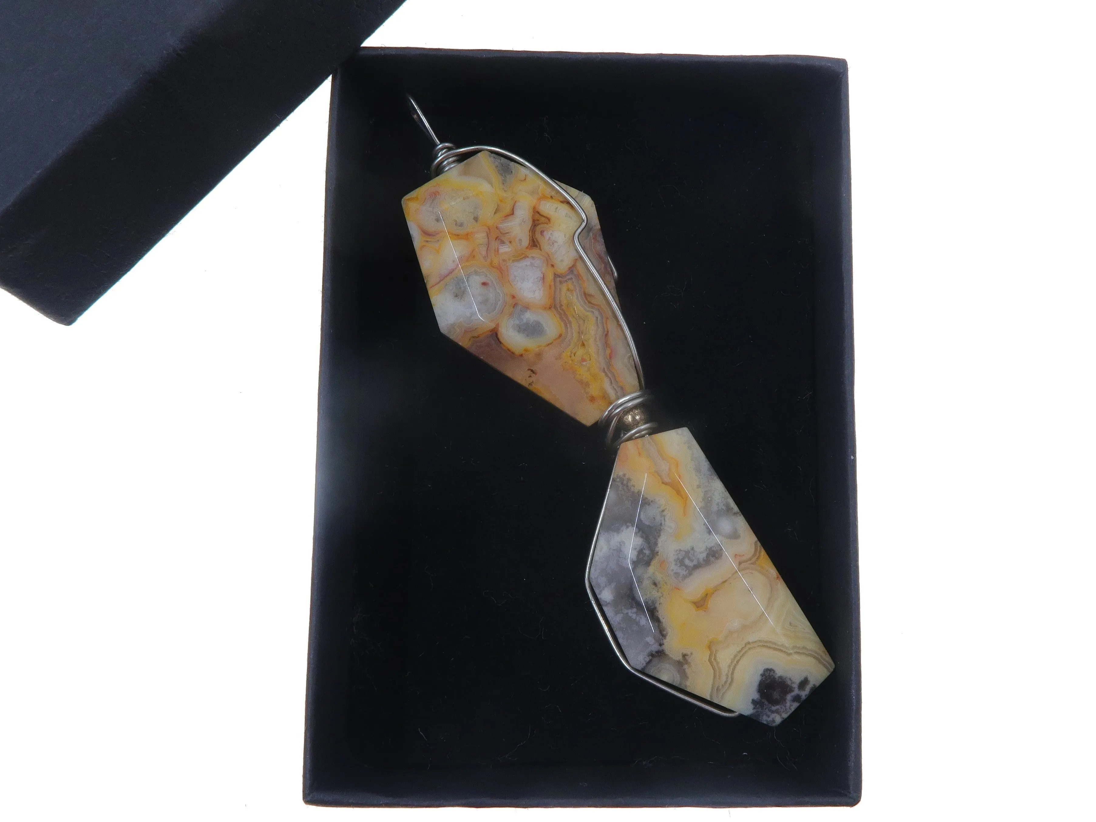 Agate Crazy Lace Pendant Yellow Stone Silver Wire Wrapped Long