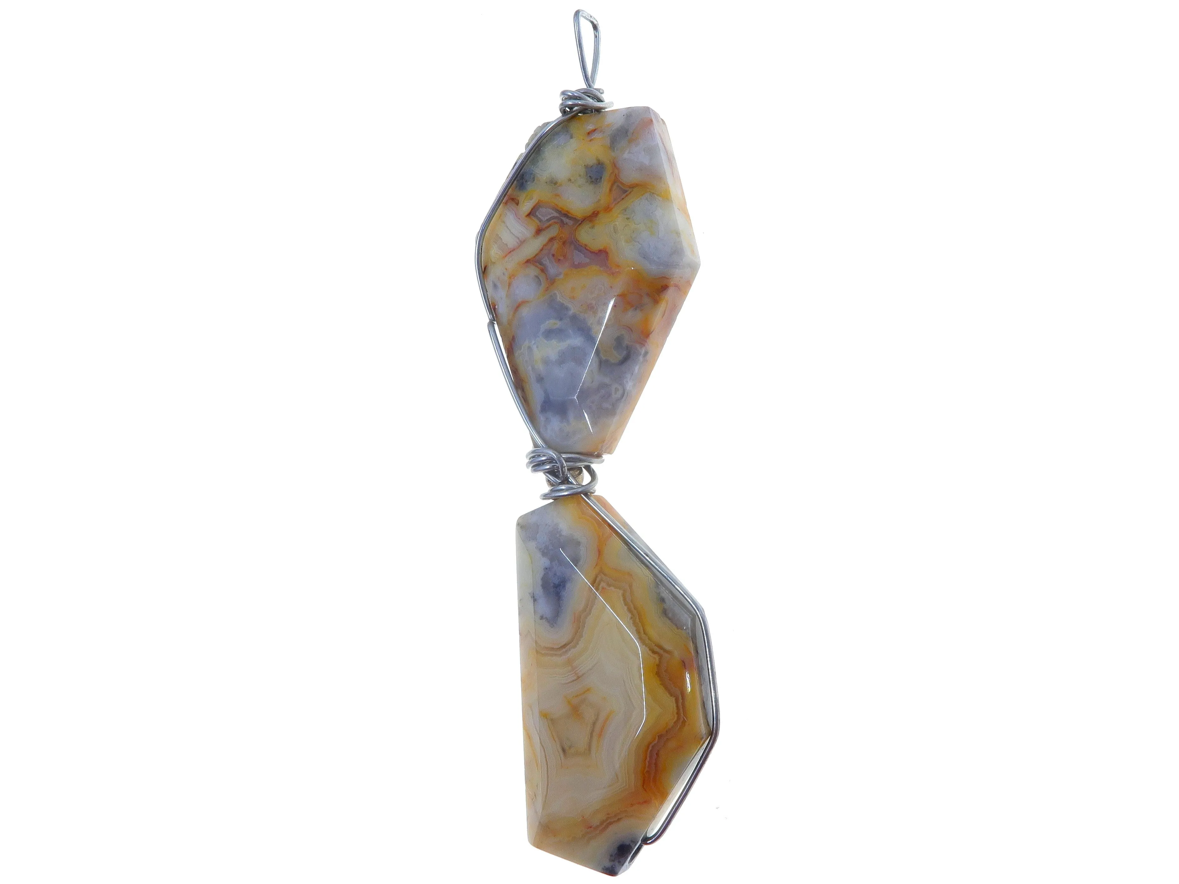 Agate Crazy Lace Pendant Yellow Stone Silver Wire Wrapped Long