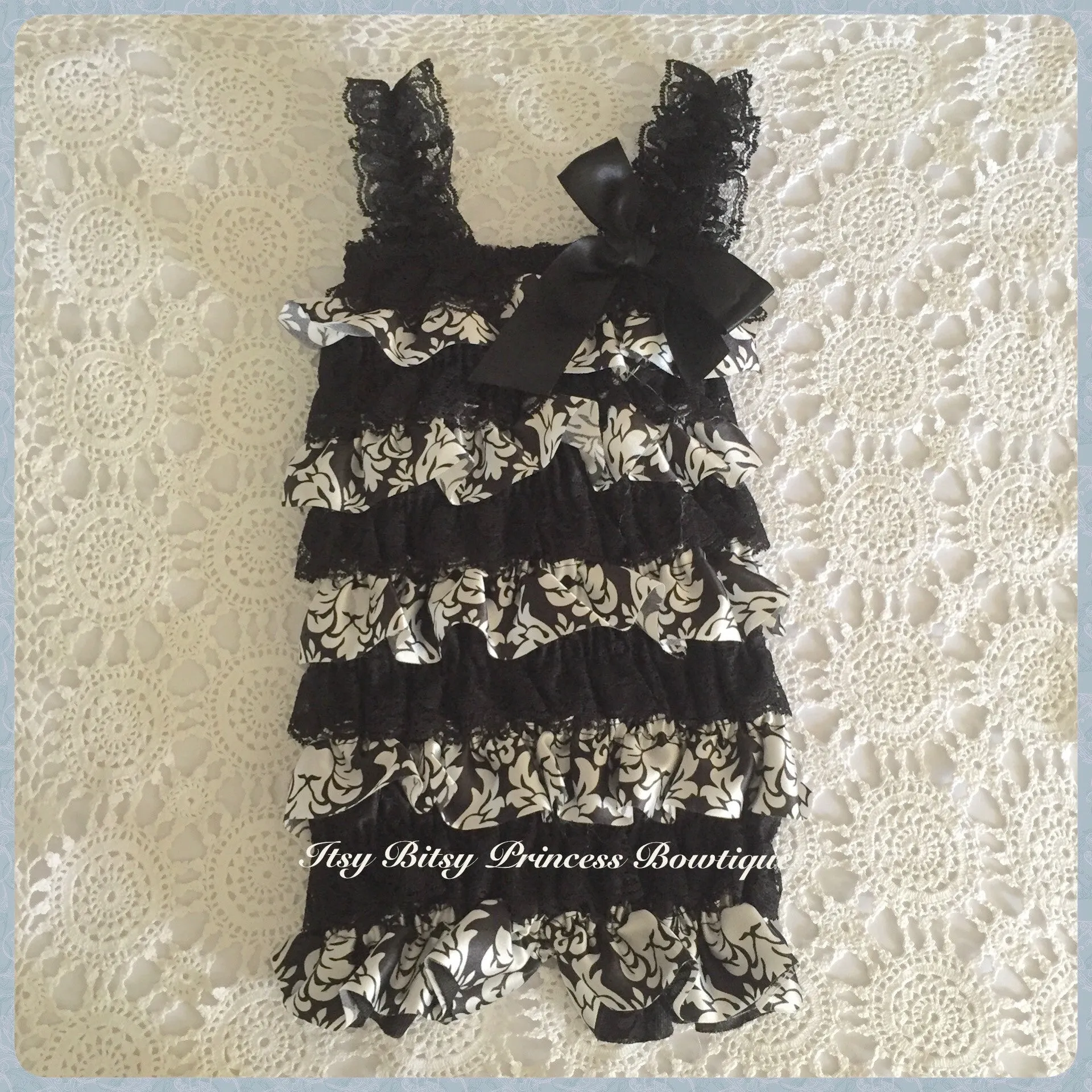 Black and White Damask Satin and Lace Playsuit