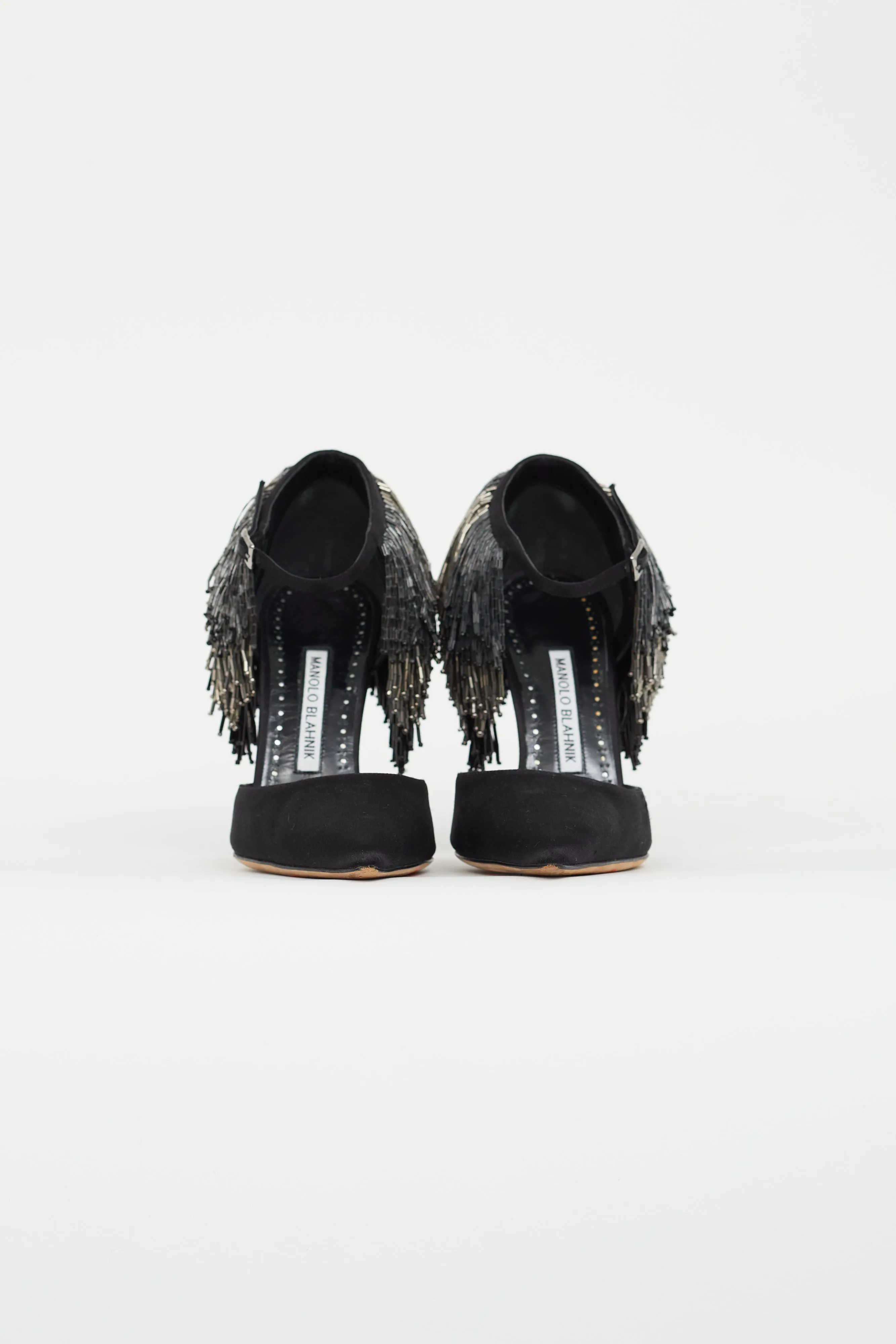 Black Satin Beaded Fringe Heel