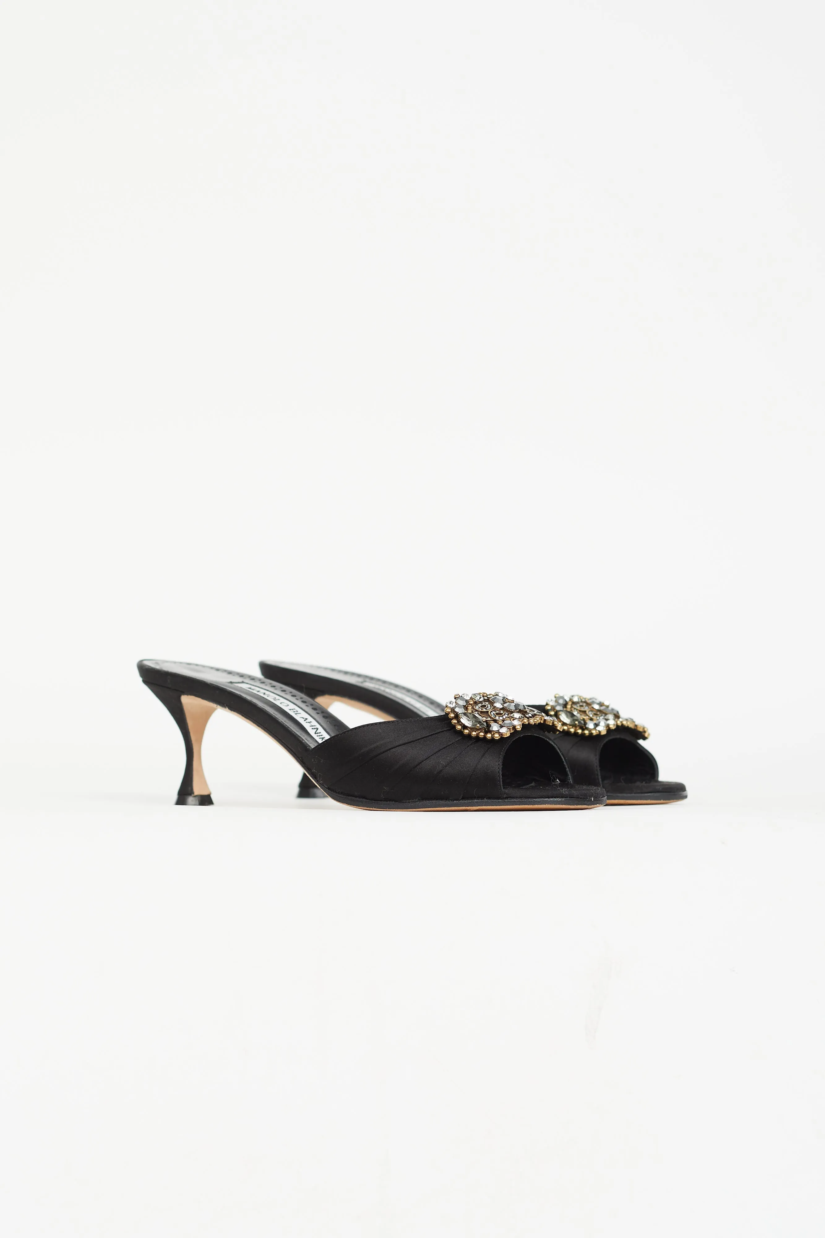 Black Satin Jewel Mule Heel
