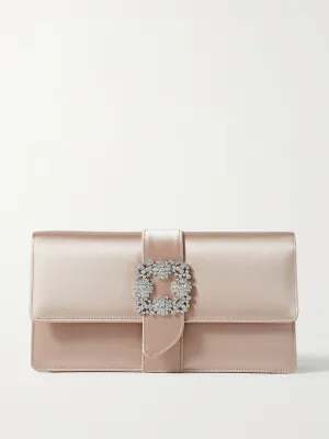 Blush crystal-embellished satin clutch