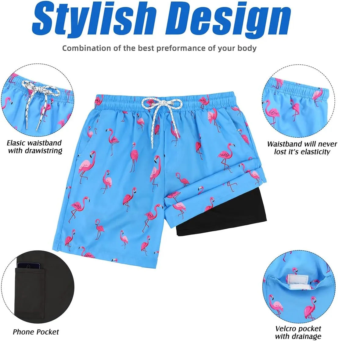 Century Star Mens Swim Trunks with Compression Liner Quick Dry Bathing Suits with Pockets Swim Shorts