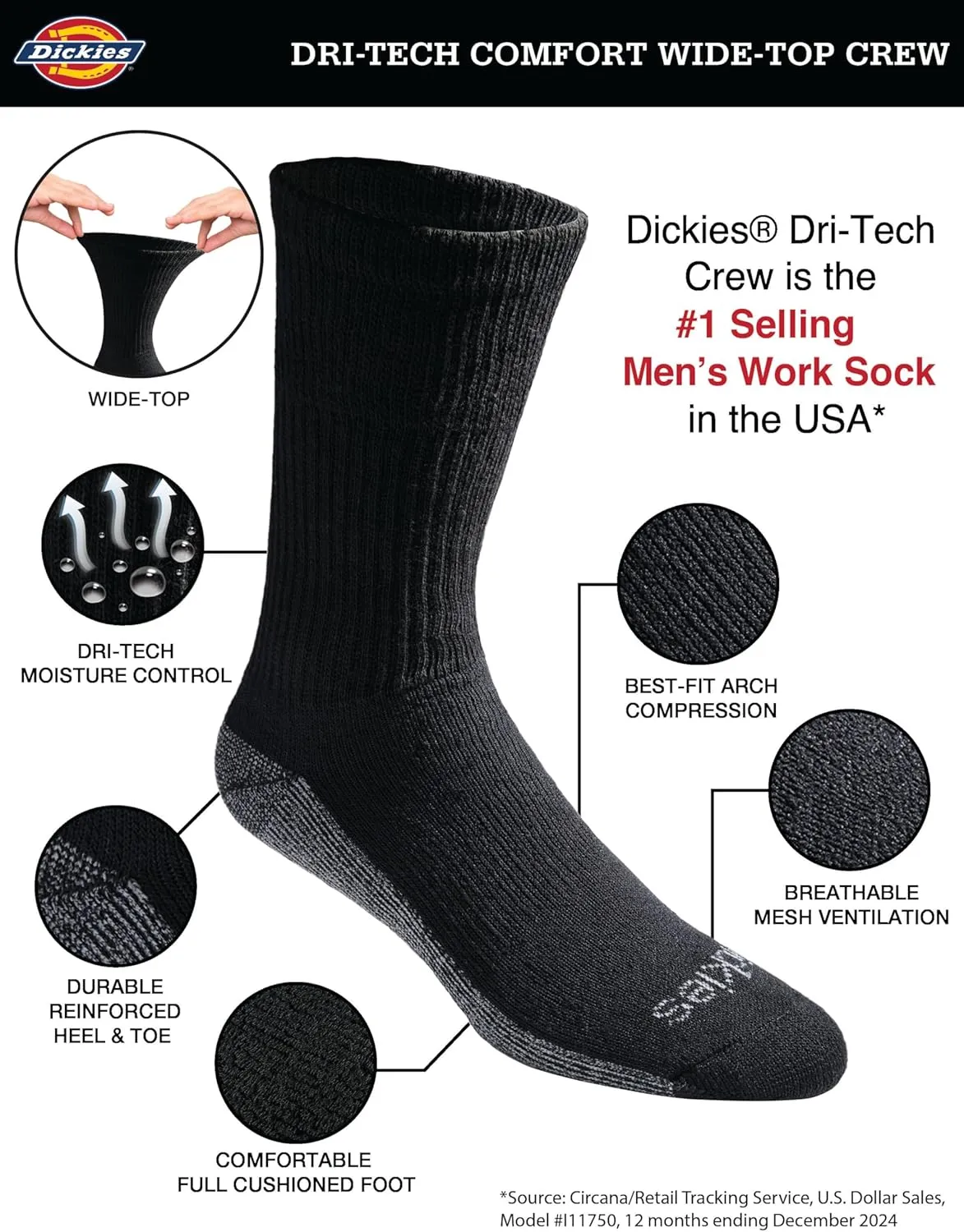 Dickies Men's Dri-Tech Original Moisture Control Crew Socks, Available in M-XXL (6, 12, 18 Pairs)