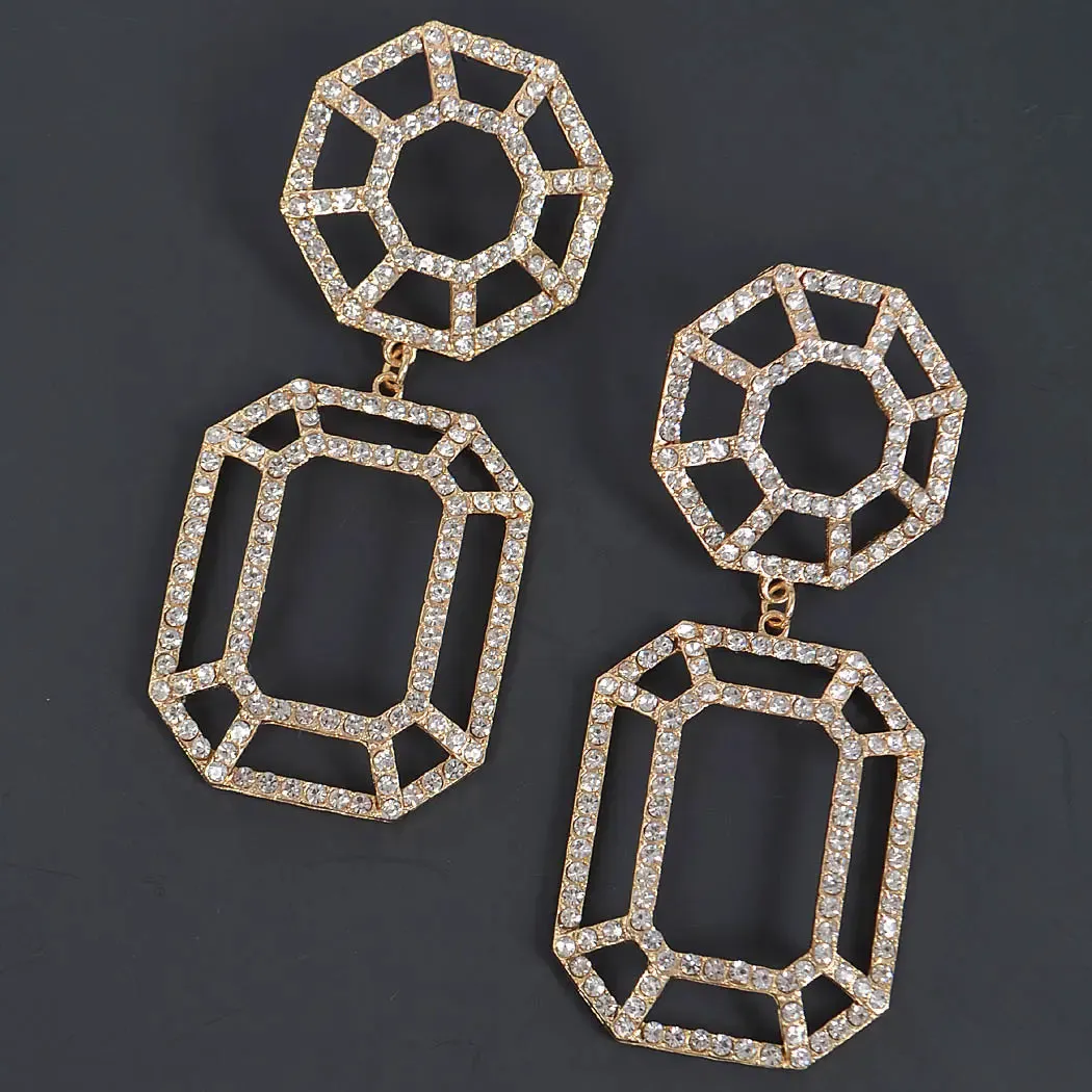 Gold Rhinestones Geo Web Earring