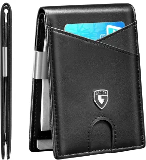 GSOIAX Slim Leather RFID Bifold Wallet for Men Minimalist Front Pocket Wallet with Money Clip,12 Card Slots,ID Window,Cool Groove Design,Includes Gift Box(D-Leather Black)