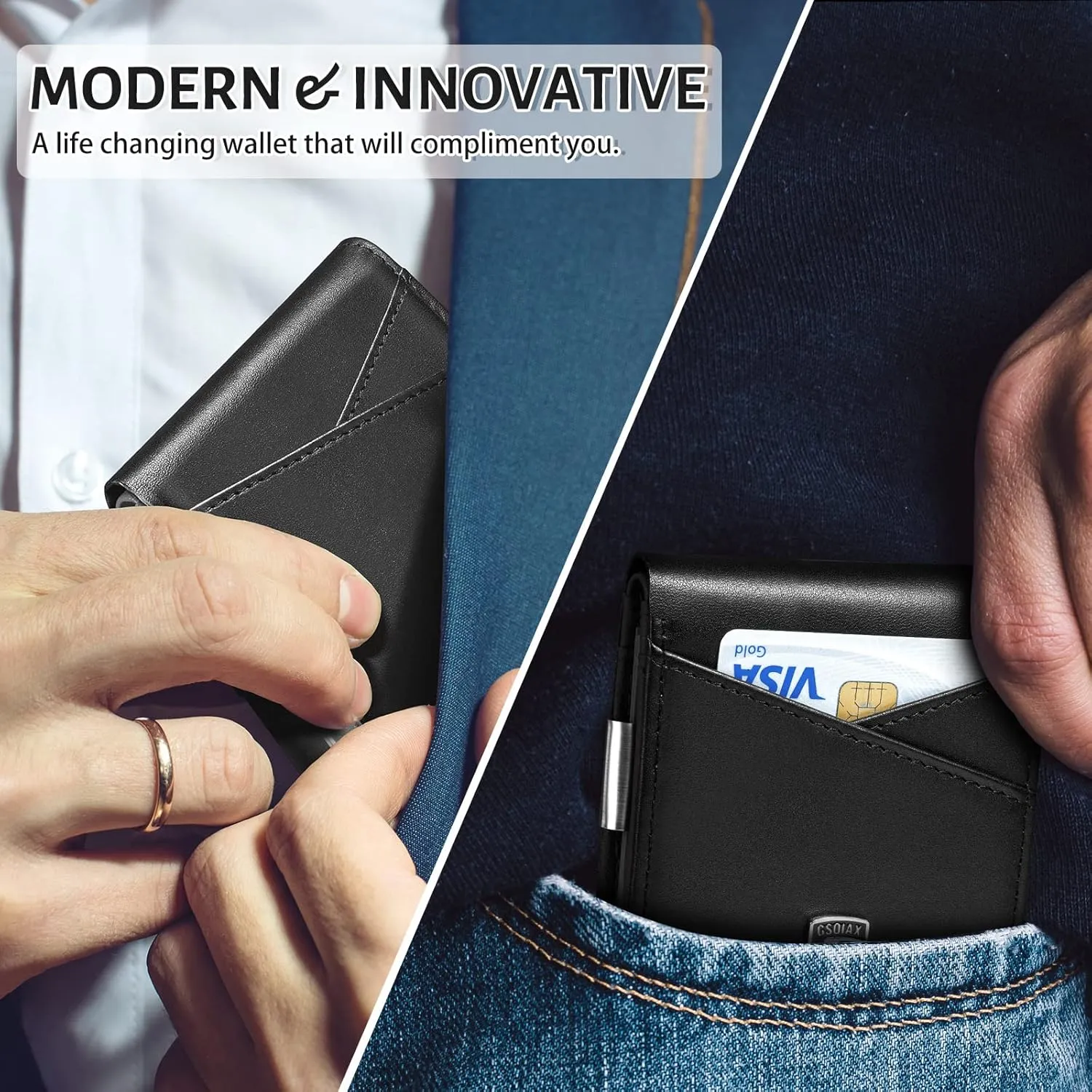 GSOIAX Slim Leather RFID Bifold Wallet for Men Minimalist Front Pocket Wallet with Money Clip,12 Card Slots,ID Window,Cool Groove Design,Includes Gift Box(D-Leather Black)