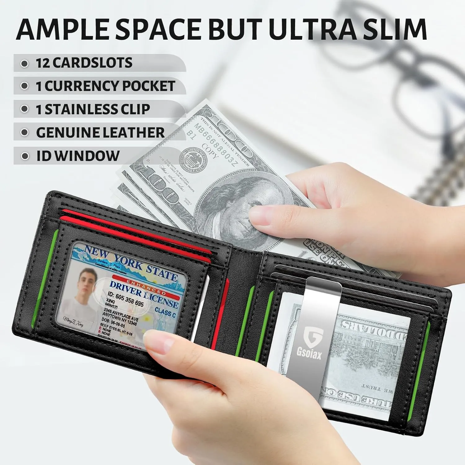 GSOIAX Slim Leather RFID Bifold Wallet for Men Minimalist Front Pocket Wallet with Money Clip,12 Card Slots,ID Window,Cool Groove Design,Includes Gift Box(D-Leather Black)