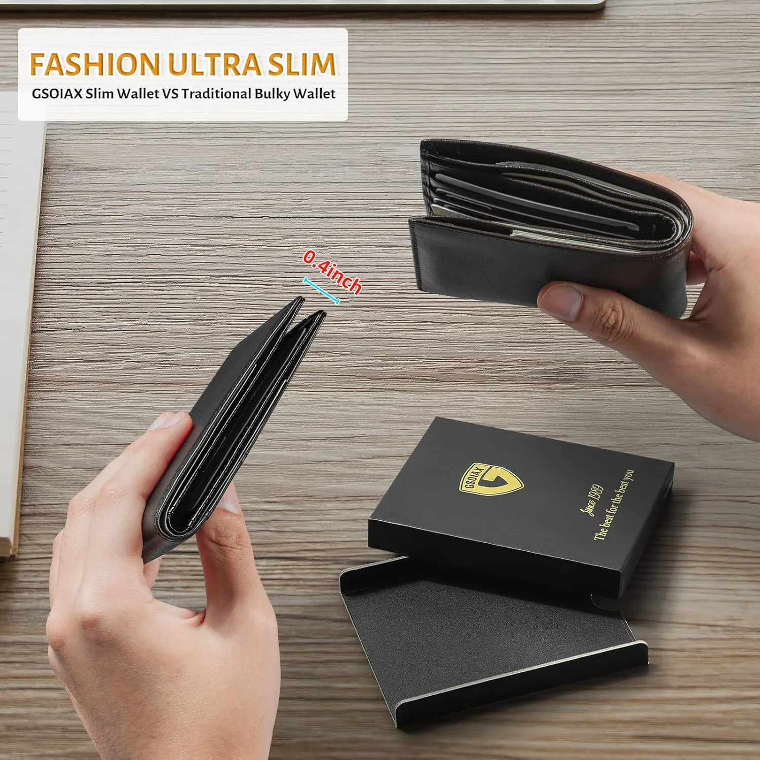 GSOIAX Slim Leather RFID Bifold Wallet for Men Minimalist Front Pocket Wallet with Money Clip,12 Card Slots,ID Window,Cool Groove Design,Includes Gift Box(D-Leather Black)