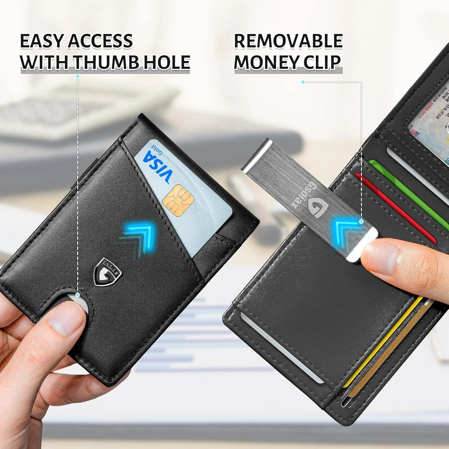 GSOIAX Slim Leather RFID Bifold Wallet for Men Minimalist Front Pocket Wallet with Money Clip,12 Card Slots,ID Window,Cool Groove Design,Includes Gift Box(D-Leather Black)
