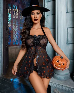 Halloween Lingerie Lace Open Front Halter Nighty