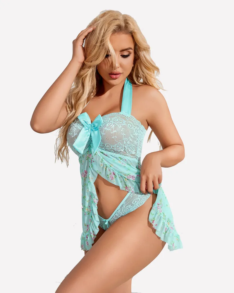 Halloween Lingerie Lace Open Front Halter Nighty
