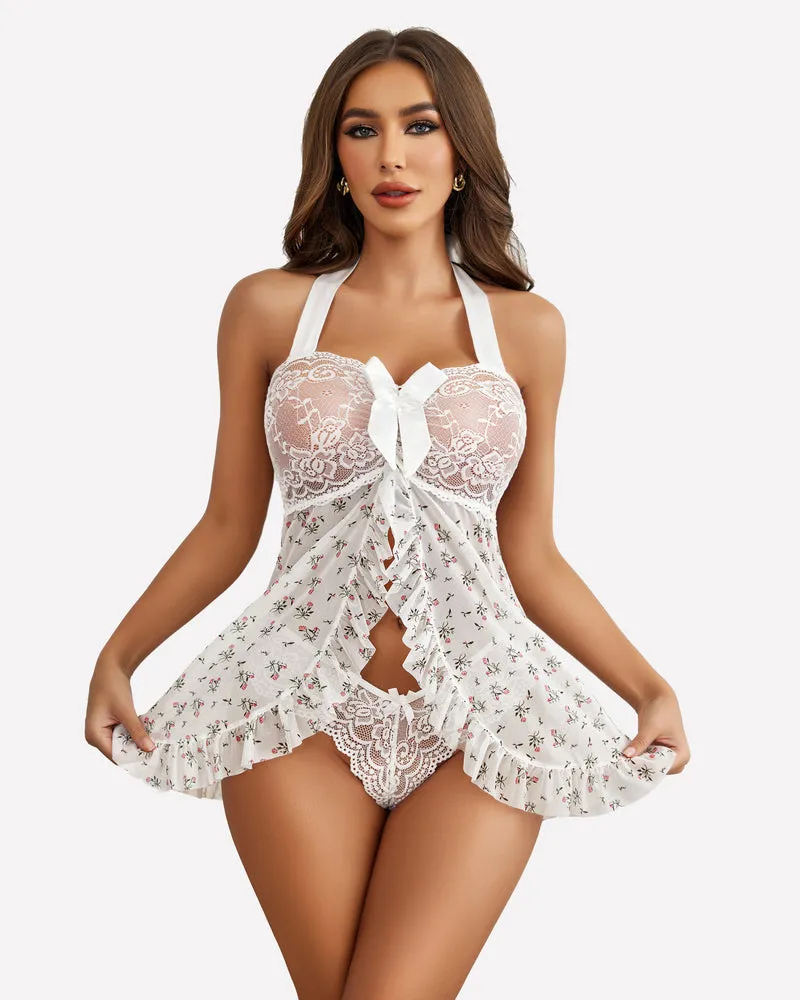 Halloween Lingerie Lace Open Front Halter Nighty