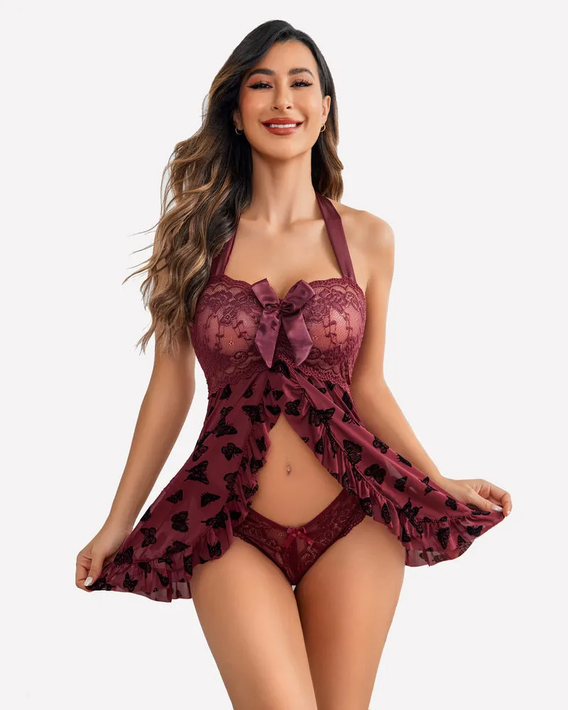 Halloween Lingerie Lace Open Front Halter Nighty