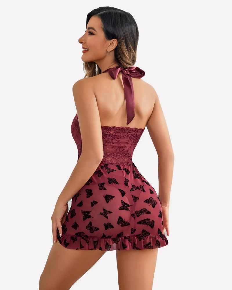 Halloween Lingerie Lace Open Front Halter Nighty