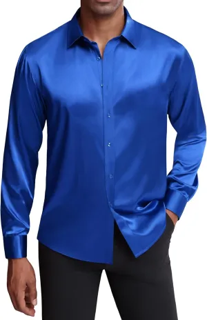 J.VER Men's Silk Satin Long Sleeve Dress Shirts Shiny Casual Button Down Shirt Luxury Party Prom Shirts