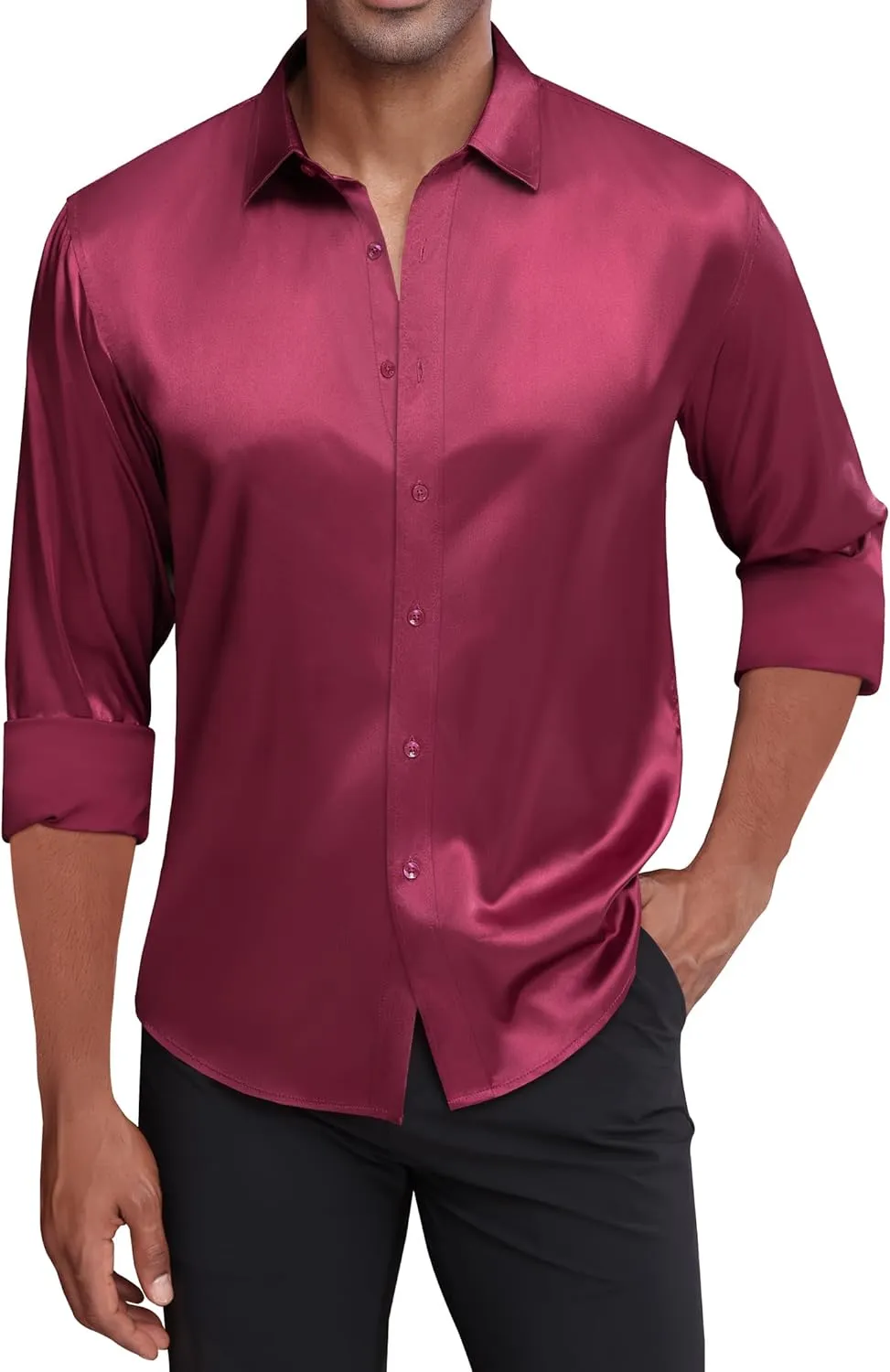 J.VER Men's Silk Satin Long Sleeve Dress Shirts Shiny Casual Button Down Shirt Luxury Party Prom Shirts