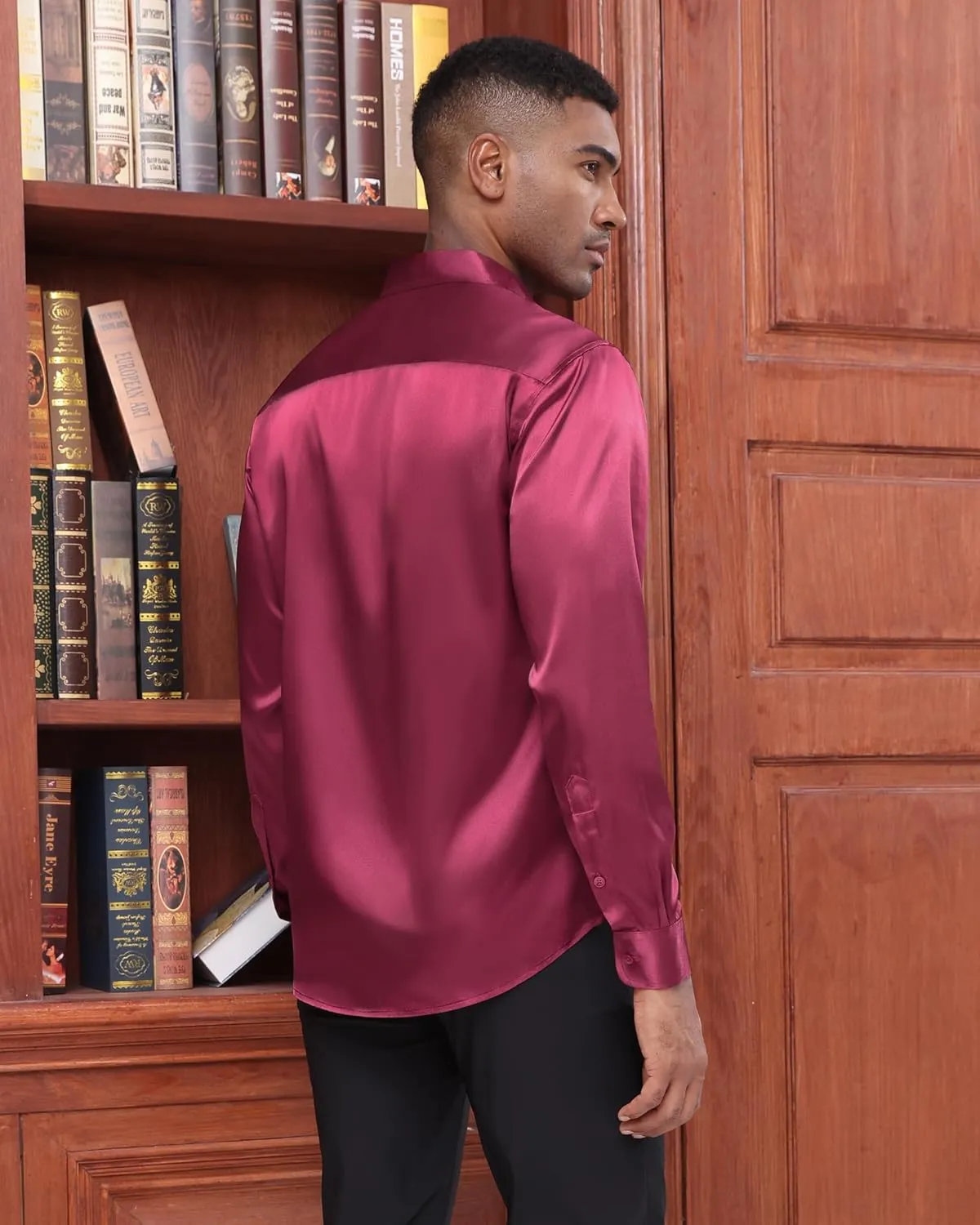 J.VER Men's Silk Satin Long Sleeve Dress Shirts Shiny Casual Button Down Shirt Luxury Party Prom Shirts