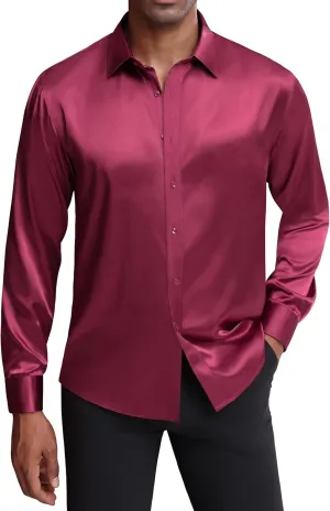 J.VER Men's Silk Satin Long Sleeve Dress Shirts Shiny Casual Button Down Shirt Luxury Party Prom Shirts