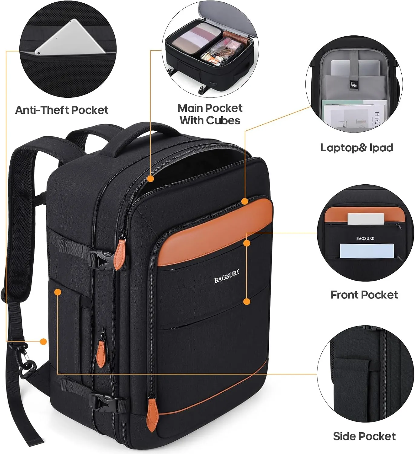 Luggage Sets 3 Piece, Carry On Luggage 20 Inch With Spinner Wheels,PC Hardside Suitcase Set with TSA Lock,Durable Carry On Suitcase With Travel Backpack for Men (Black Brown, 3 piece set (20inch))