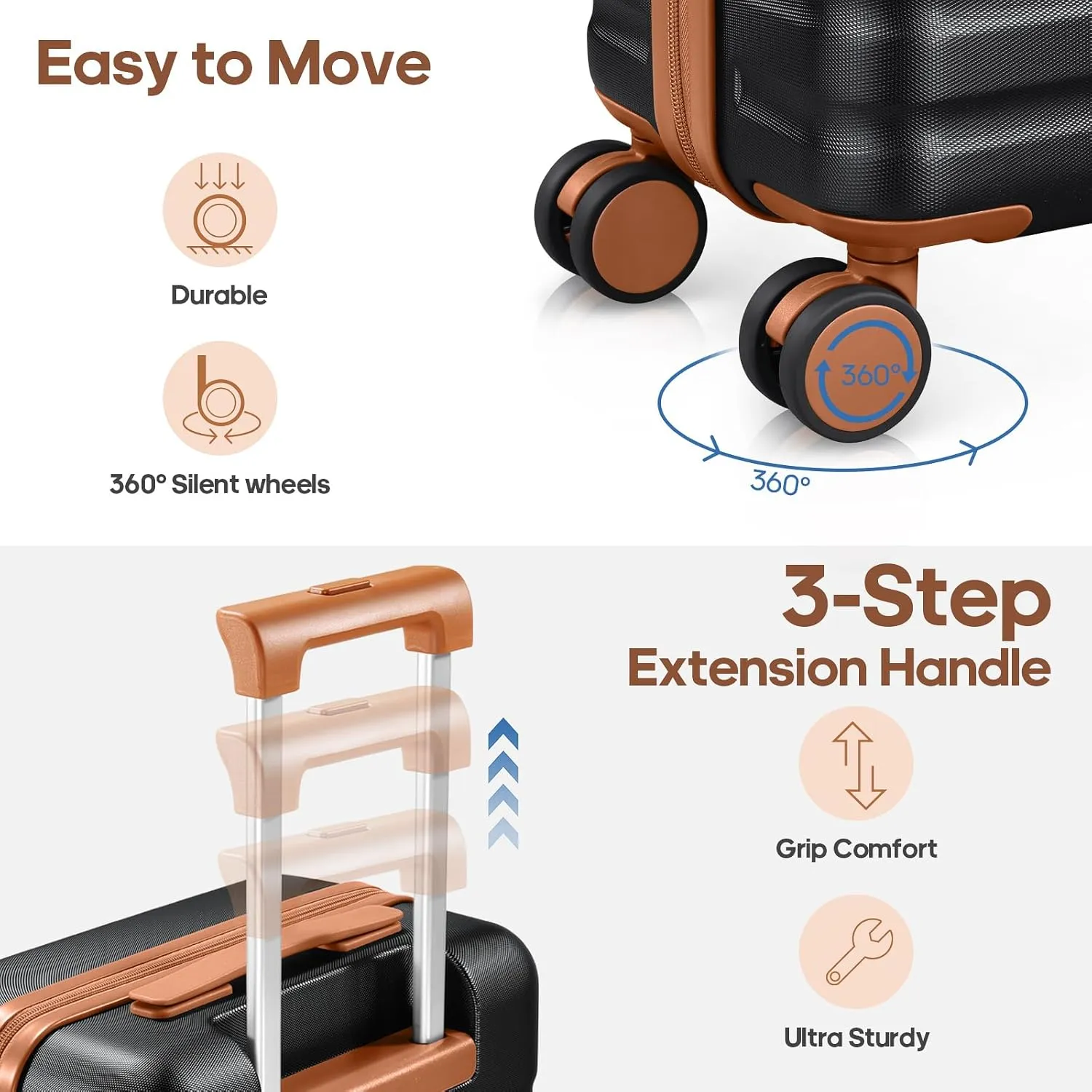Luggage Sets 3 Piece, Carry On Luggage 20 Inch With Spinner Wheels,PC Hardside Suitcase Set with TSA Lock,Durable Carry On Suitcase With Travel Backpack for Men (Black Brown, 3 piece set (20inch))