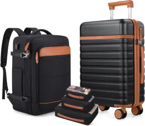 Luggage Sets 3 Piece, Carry On Luggage 20 Inch With Spinner Wheels,PC Hardside Suitcase Set with TSA Lock,Durable Carry On Suitcase With Travel Backpack for Men (Black Brown, 3 piece set (20inch))