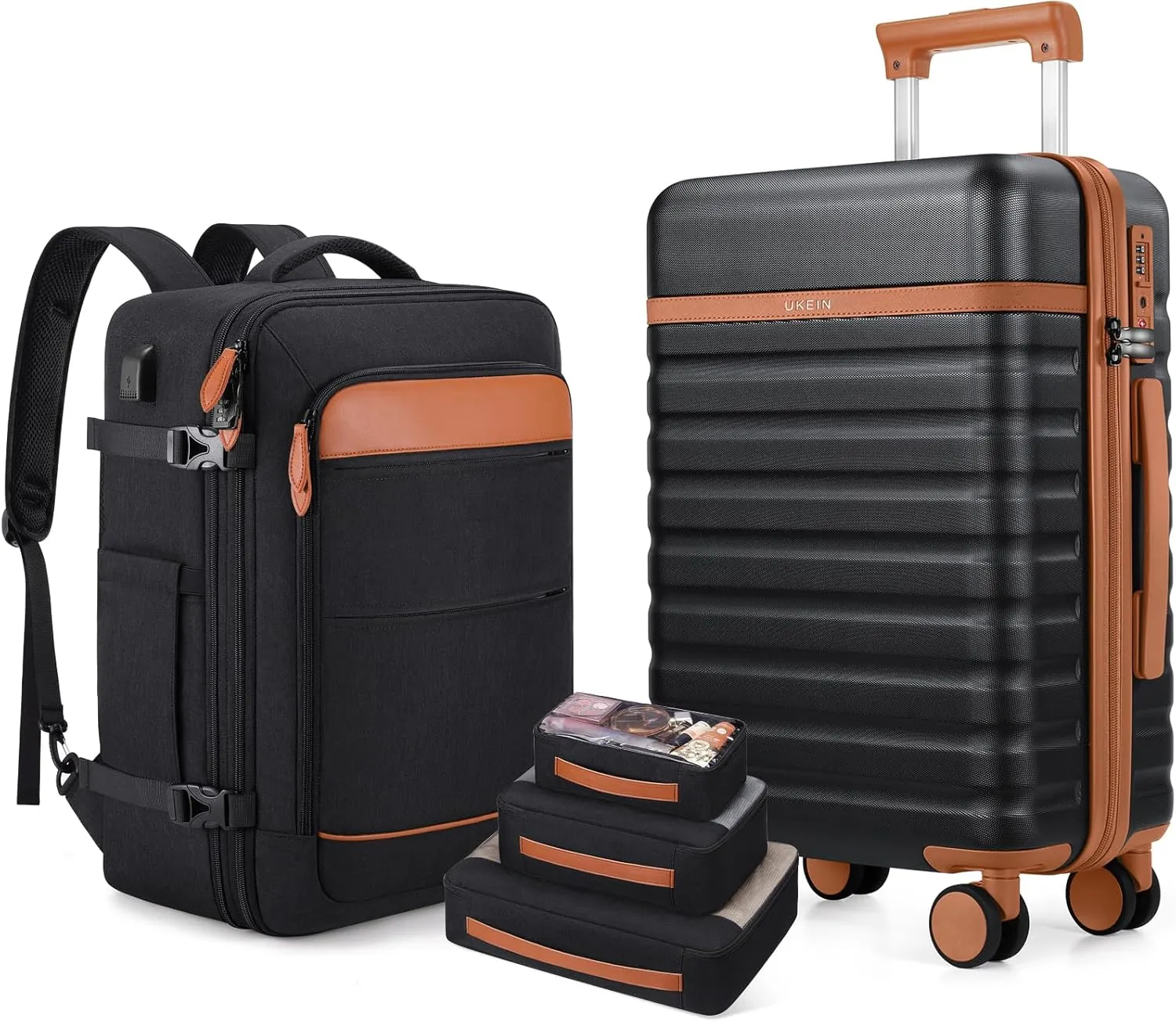 Luggage Sets 3 Piece, Carry On Luggage 20 Inch With Spinner Wheels,PC Hardside Suitcase Set with TSA Lock,Durable Carry On Suitcase With Travel Backpack for Men (Black Brown, 3 piece set (20inch))