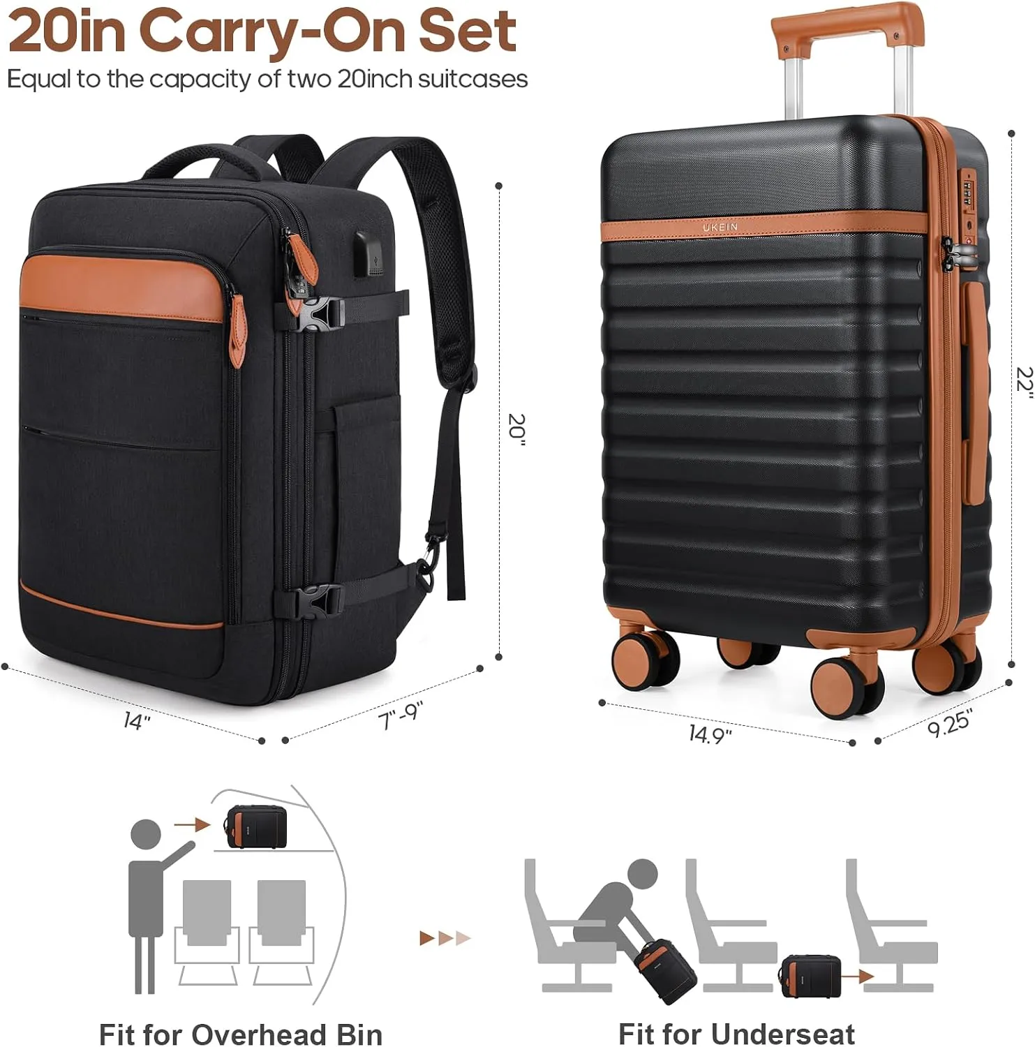 Luggage Sets 3 Piece, Carry On Luggage 20 Inch With Spinner Wheels,PC Hardside Suitcase Set with TSA Lock,Durable Carry On Suitcase With Travel Backpack for Men (Black Brown, 3 piece set (20inch))