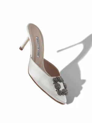 Off-white satin jewel buckle mules