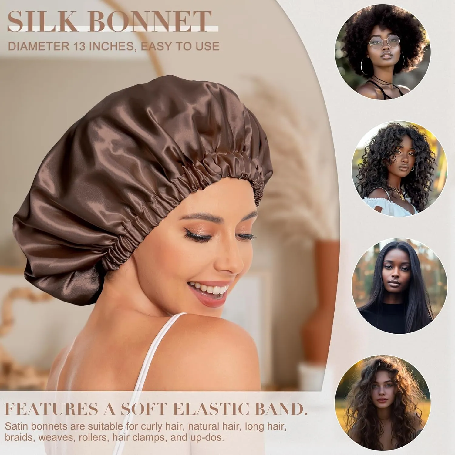 Satin Bonnet Silk Bonnet Hair Bonnet for Sleeping-Slouchy Beanie Hat Satin Sleep Cap for Women's Natural & Curly Hair(Brown)