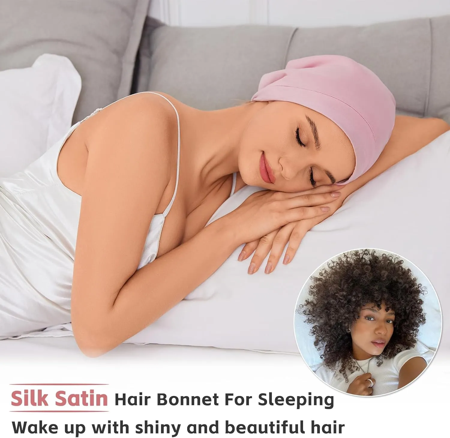 Silk Bonnet for Sleeping Women, Adjustable Silky Satin Lined Sleep Cap, Silk Hair Wrap Slouch Beanie Hat