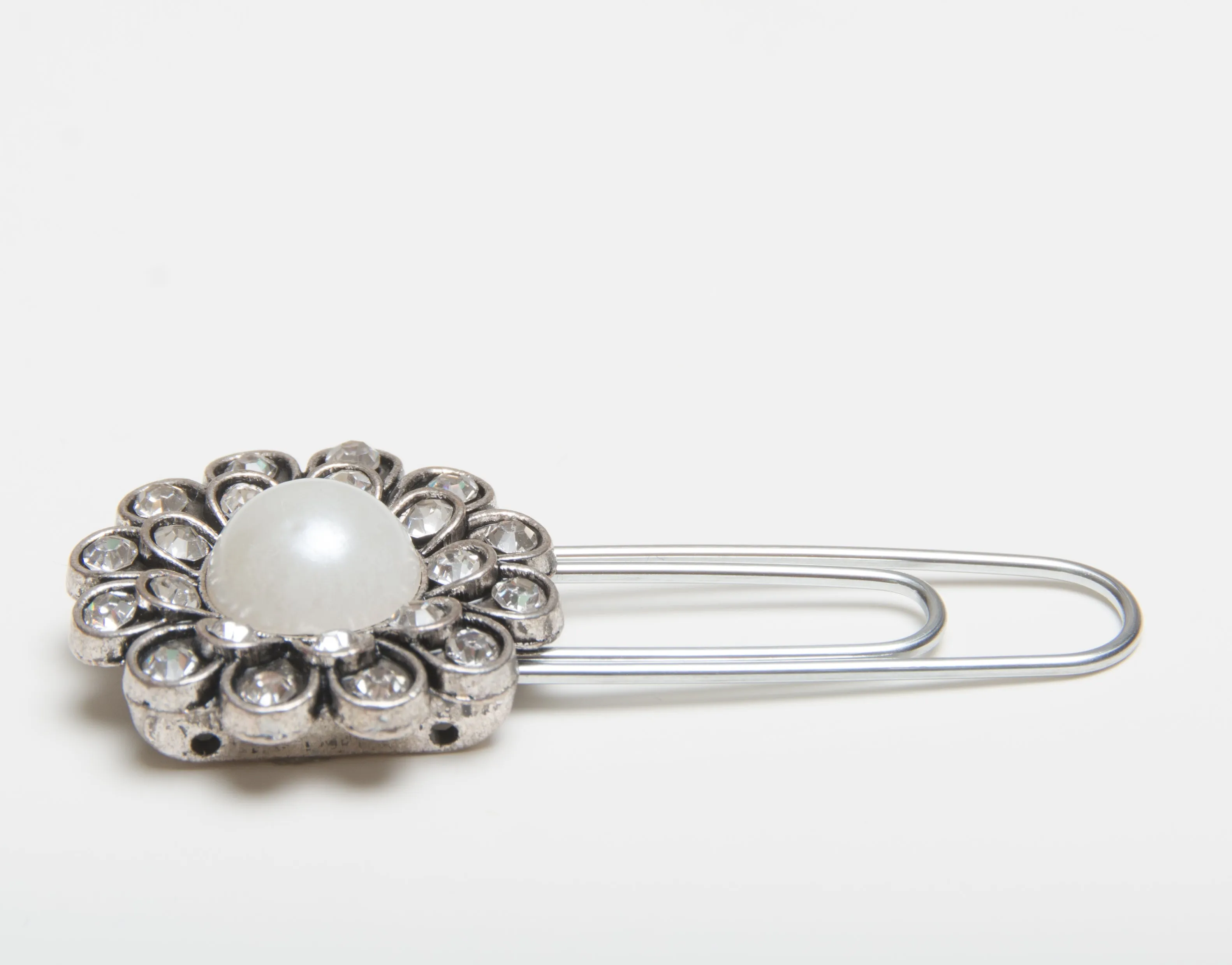 Silver Flower Planner Clip with Rhinestone and Pearl Accents