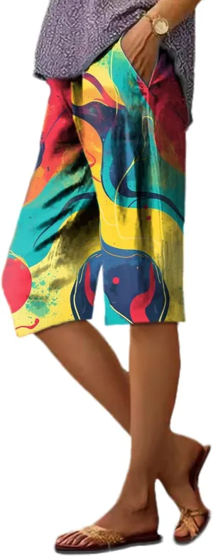 Summer Shorts for Women 2025 Vintage Floral Business Casual High Waisted Elastic Waist Wide Leg Pants