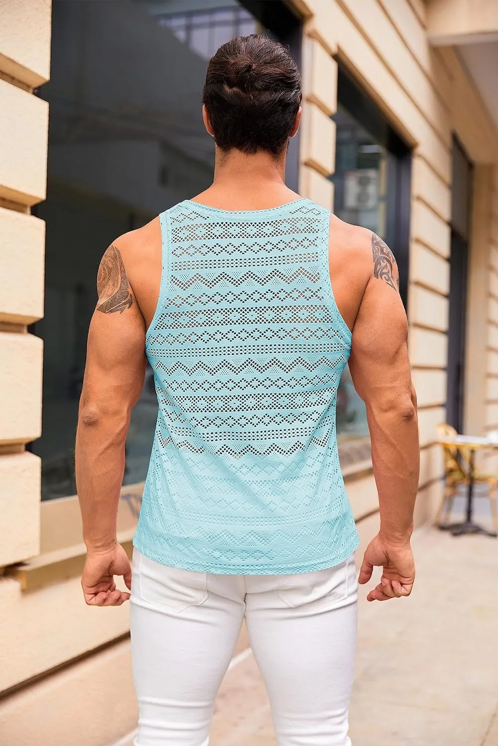 Syktkmx Mens See Through Vest Crewneck Sleeveless Tank Tops Muscle Sexy Mesh Shirts