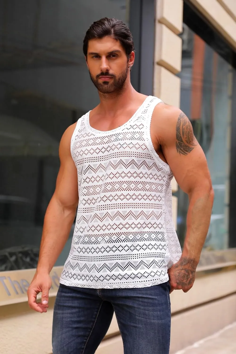 Syktkmx Mens See Through Vest Crewneck Sleeveless Tank Tops Muscle Sexy Mesh Shirts