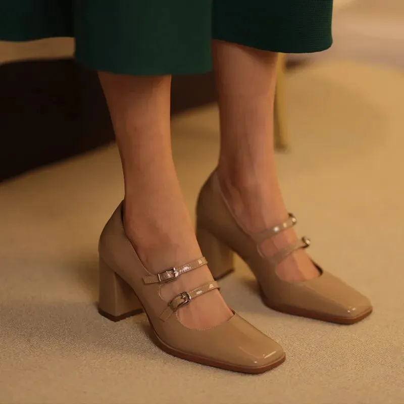 TAVIMART  -  Women Pumps 7cm Mary Jane Shoes Retro Style High Heel Elegant Buckle Women Shoes Squar Toe Spring Atumn Real Leather talon femme