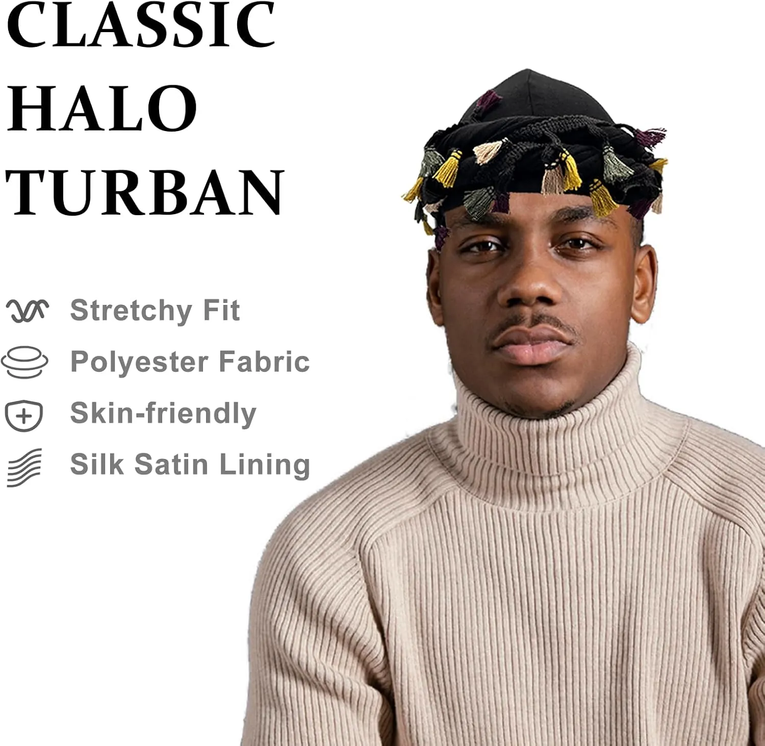 Turban for Men Adjustable Halo Silk Satin Lined Cap for Women Durag Twist Head Wraps Hat Elastic Pre Tie Beniee